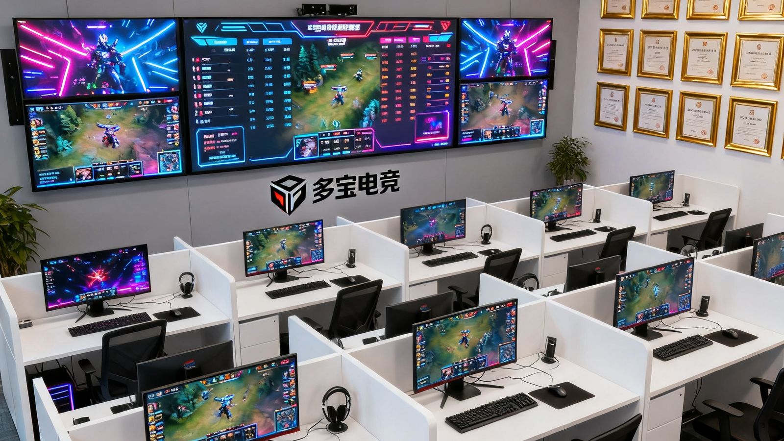 多宝电竞上海浦东总部办公区实景照片，开放式工位排列整齐，多块大屏幕实时显示电竞赛事数据和直播画面，墙上挂满各大赛事官方授权证书
