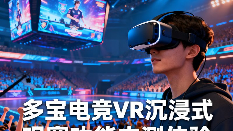 多宝电竞VR沉浸式观赛功能内测体验报道配图，展示用户佩戴VR头显设备体验虚拟电竞场馆的场景
