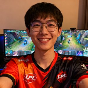 一位戴眼镜的年轻男性电竞观众自拍照片，身穿LPL战队应援T恤，面带微笑背景为电脑屏幕上的比赛画面