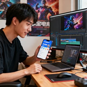 一位年轻男性电竞内容创作者的生活照，手持手机正在浏览多宝电竞APP界面，面前桌上放着剪辑用的笔记本电脑和外接显示器